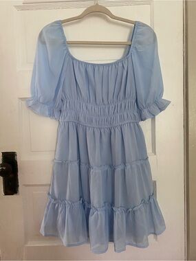 Powder Blue Smocked Bodice Milkmaid Dress